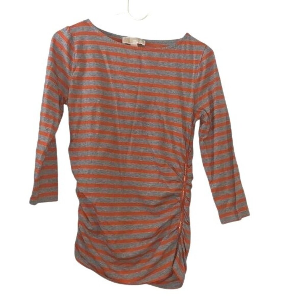 Michael Michael Kors Orange & Gray Striped 3/4 Sleeve Ruched Top M